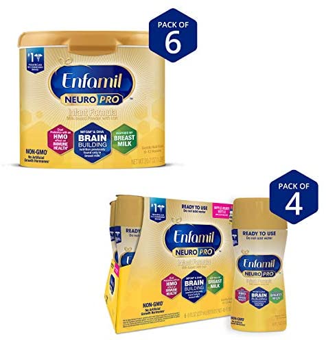 Enfamil NeuroPro Baby Formula Milk Powder, 20.7 oz reusable tub (Pack of 6) & Ready to Use Liquid, 8 fl oz (24 Bottles) Dual